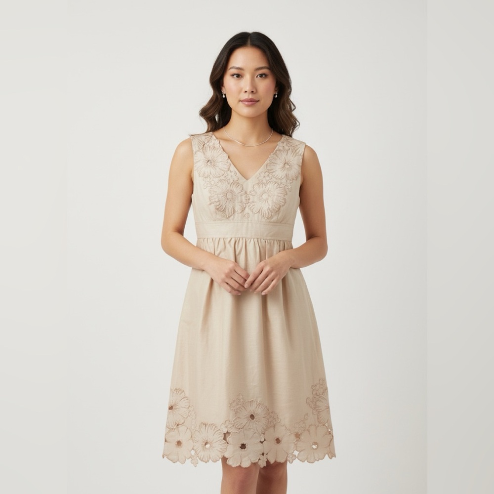 Adrianna Papell Beige Floral Embroidered V‑Neck Midi Dress